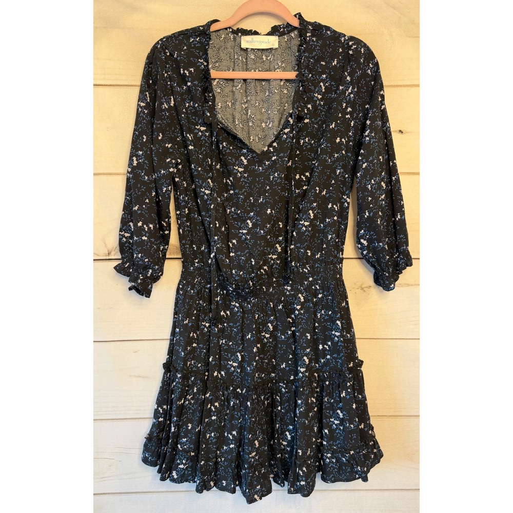 Walker & Wade Black Floral Smocked Waist Ruffle Mini Dress Small Boho Coastal